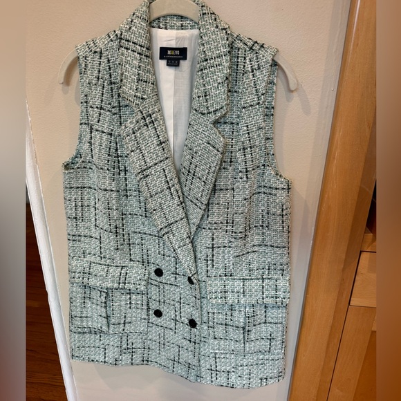 ANTHRO Tweed Vest Green Plaid Sleeveless Blazer Button Up Front Pockets Lined - Picture 6 of 10